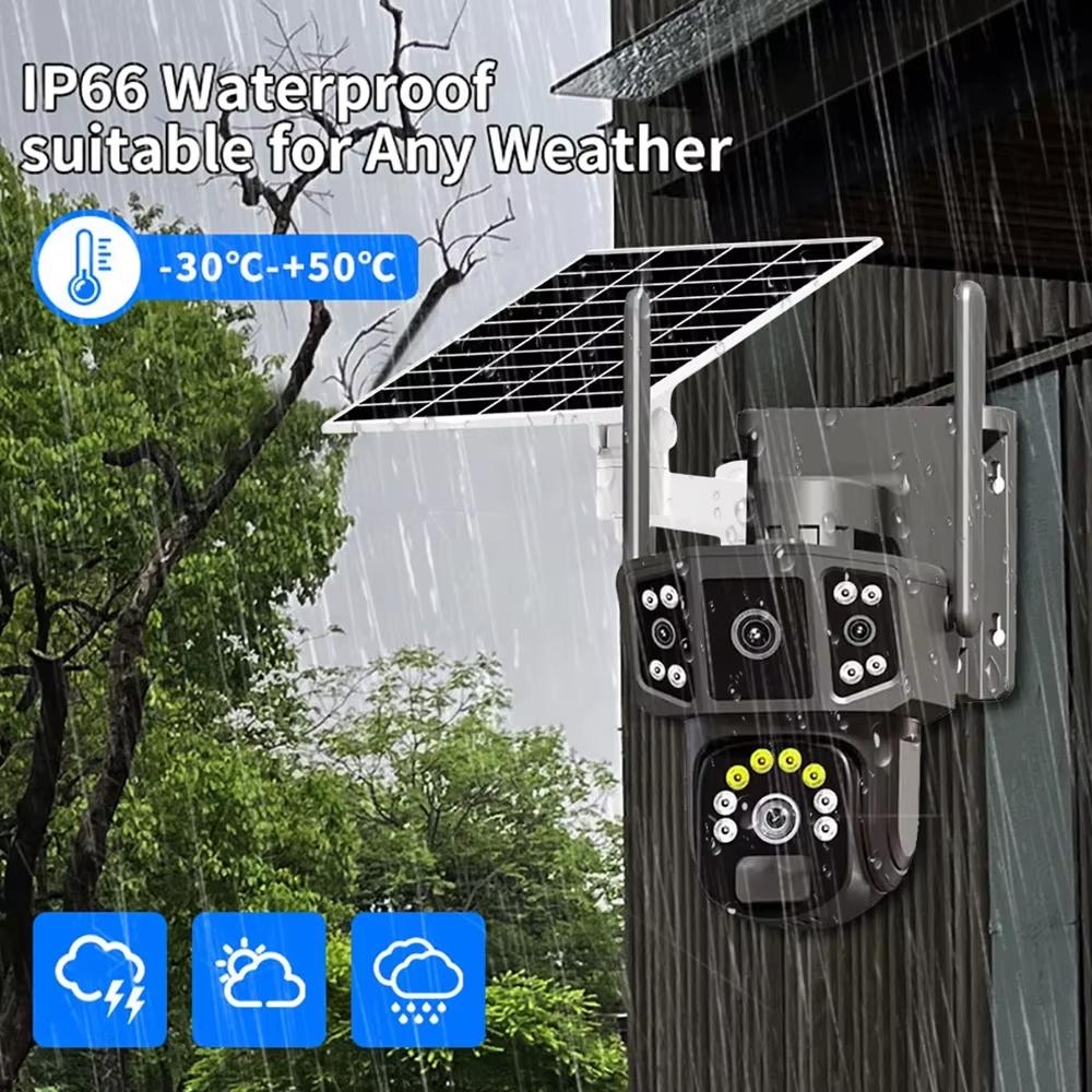 4K 8MP HD Dual Lens 4G SIM Solar Camera PTZ Auto Tracking Three Screens Outdoor Security Surveillance WIFI CCTV IP Cameras V380 APP