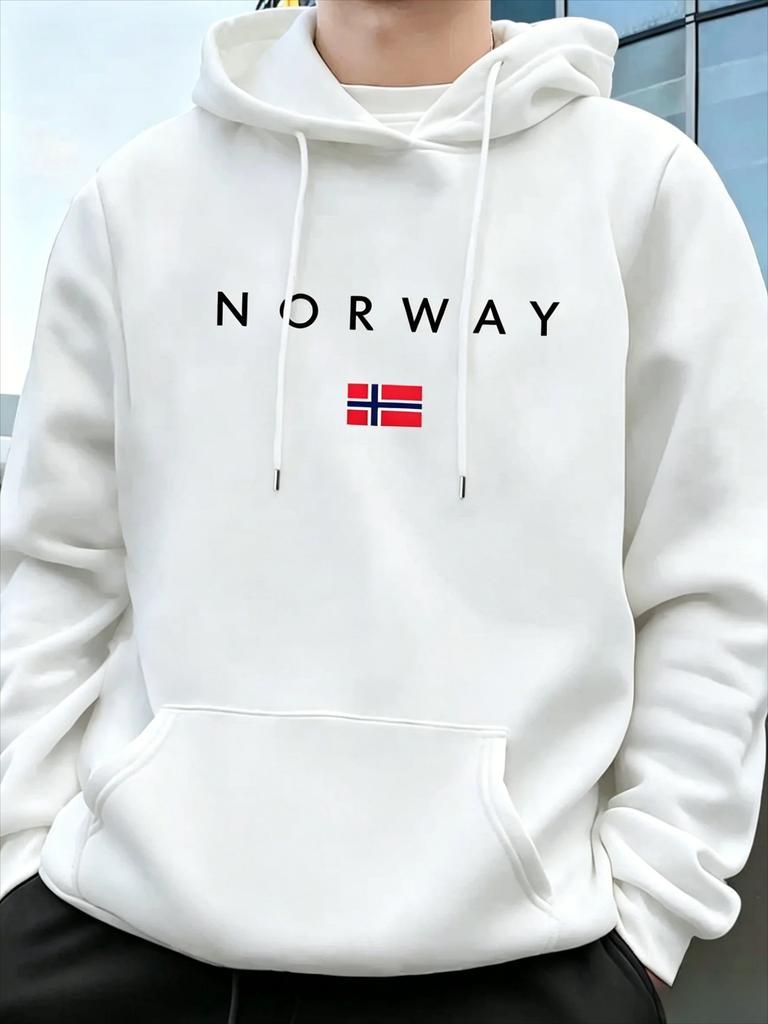 Men's Norwegian Flag Printed Hooded Sweatshirt Suitable for Wearing in Autumn Winter. A Warm Cozy Fleece Pullover for The Season
