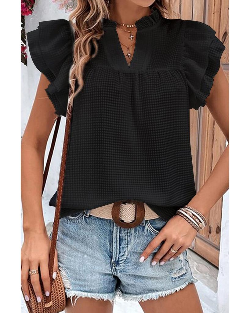 Azura Exchange Ruffle Flutter Sleeve Notch Neck Top