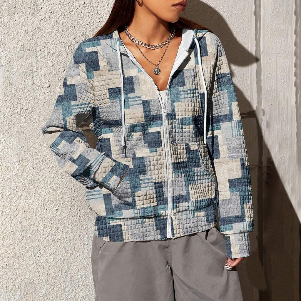 Women's Fashion Irregular Geometric Print Long Sleeve Pocket Loose Zipper Hooded Hoodie Jacket