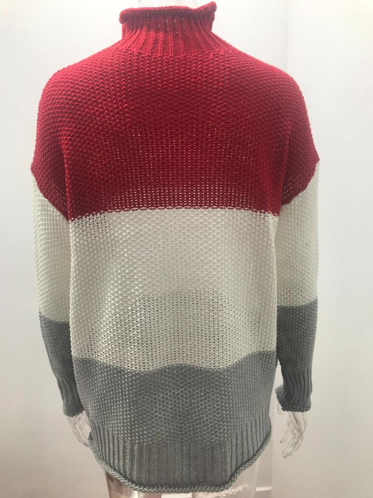 Мягкие элегантные базовые трикотажные топы, пуловеры, модные осенне-зимние трикотажные женские толстые линии с цветными блоками, с высоким воротом, повседневные, с длинными рукавами, пуловеры