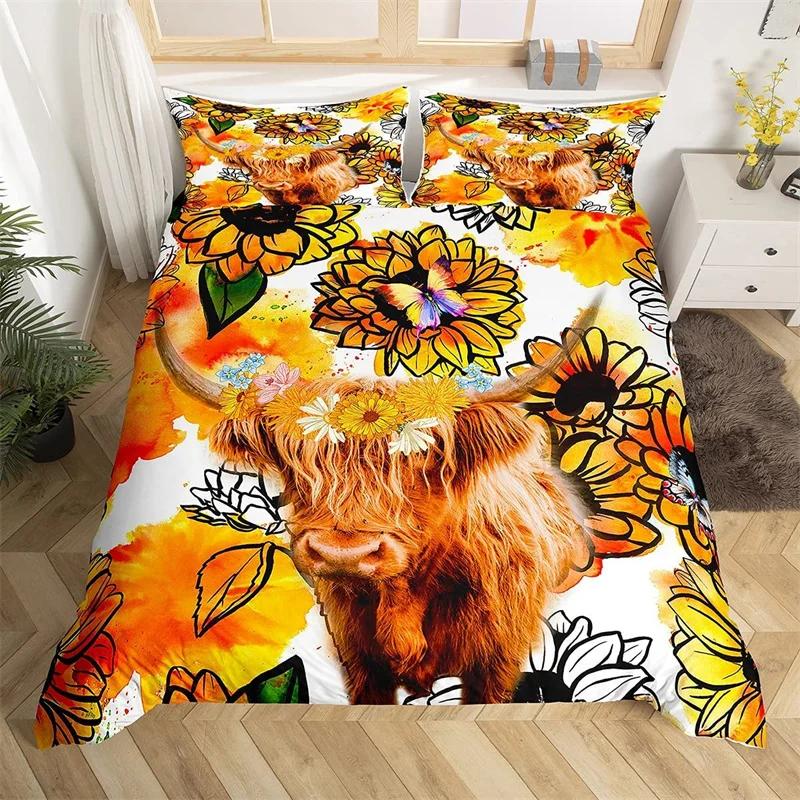 Пододеяльник из коровьей шкуры Highland, комплект постельного белья из микрофибры в стиле вестерн-фермерства с животными, леопардовый мех коровьей шкуры, цветочный принт, покрывало