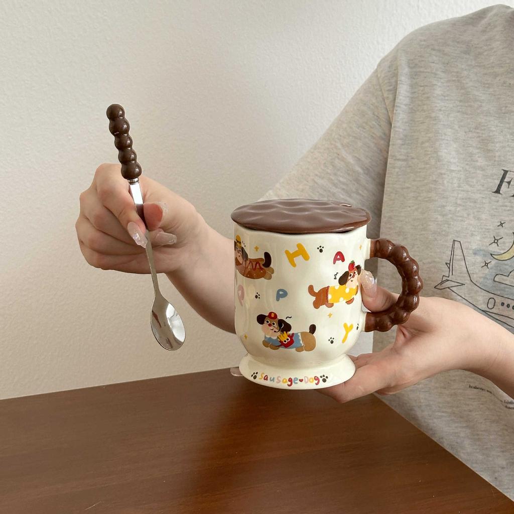 Милая керамическая кружка с изображением таксы, крышкой и ложкой, для воды, завтрака, кофе и молока, практичный подарок на день рождения.