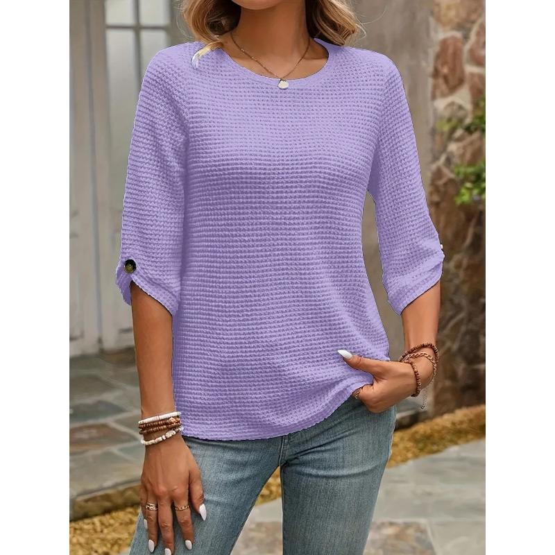 VEZFAA Женские модные повседневные летние весенние однотонные блузки и рубашки с круглым вырезом и рукавами 1/2 с принтом