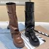 Женские высокие сапоги на платформе из натуральной кожи, модные туфли до колена и на среднем каблуке, тренд 2025 года, готические зимние мотоциклетные ботинки для женщин
