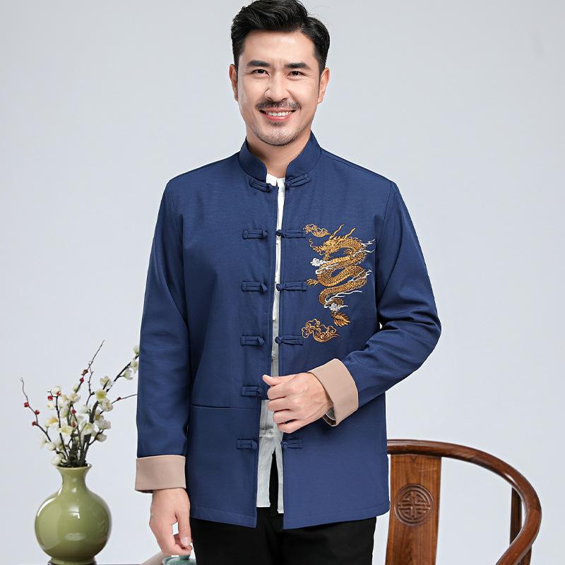 Весенне-осенний мужской костюм тан в китайском стиле с вышивкой дракона, мужской повседневный костюм с длинным рукавом, костюм тан в китайском стиле