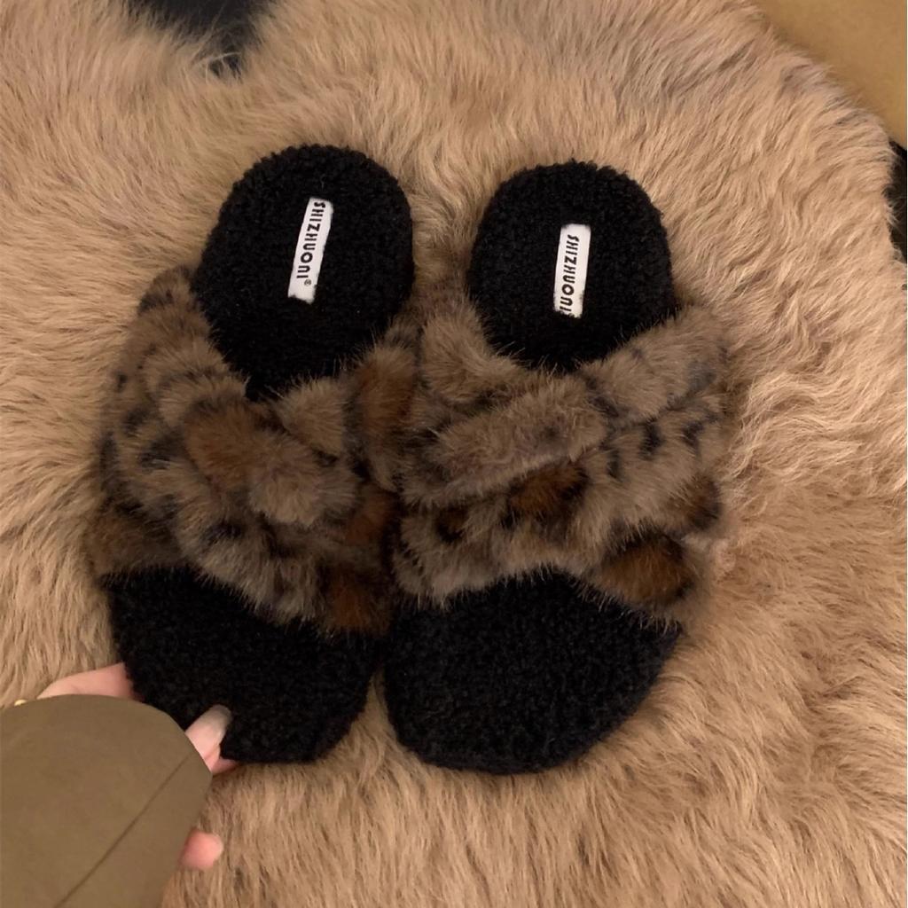 Platform Leopard Print Fluffy Shoes Women's Shoes Wear 2025 New Autumn and Winter Cotton Slippers Lamb Wool Fashion Cotton Shoes