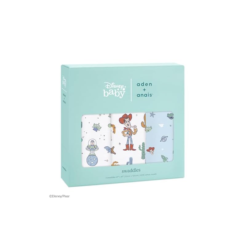 Aden + anais Набор из 3 пеленок Disney История игрушек, 120 x 120 см, Муслиновый хлопок, для новорожденных, Подарок на Baby Shower (SWADABDASWC30010DI)