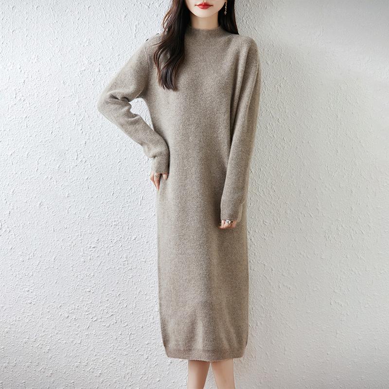 Women Sweater Dress 100% Wool TIDENOVEL O-neck Knit Long Pullover Winter Jumpers Wool Long Dress Female