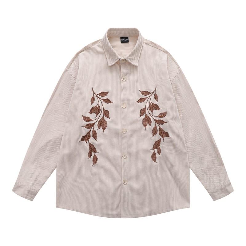 Mens Vintage American Corduroy Shirt Loose Fit Leaf Embroidery Long Sleeve Casual Top