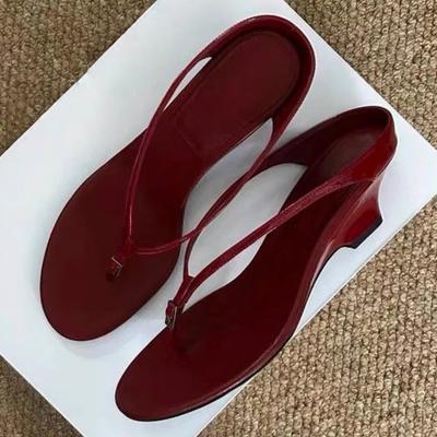 Овчина~ танкетка кожаные шлепанцы женская обувь летняя одежда ретро красный носок шлепанцы женские туфли на высоком каблуке крутые шлепанцы