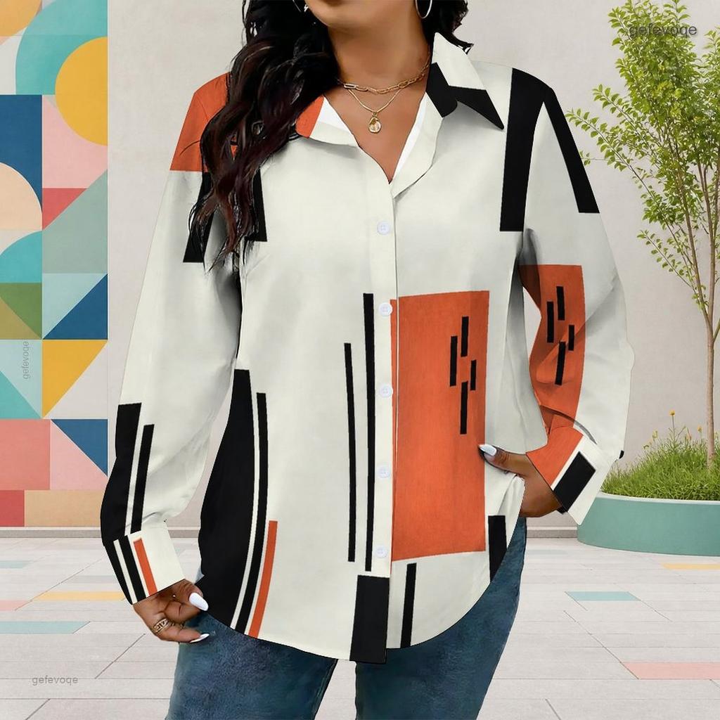 Women Plus Size Geometric Printed Collared Long Sleeve Button Front Curved Hem Shirt