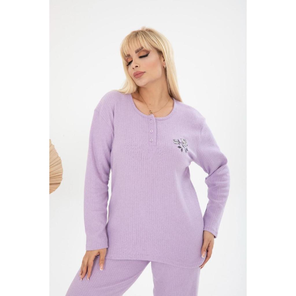 Wide Fit Mother's Winter Long Sleeve Green Plus Size Pajama Set - Single Flower