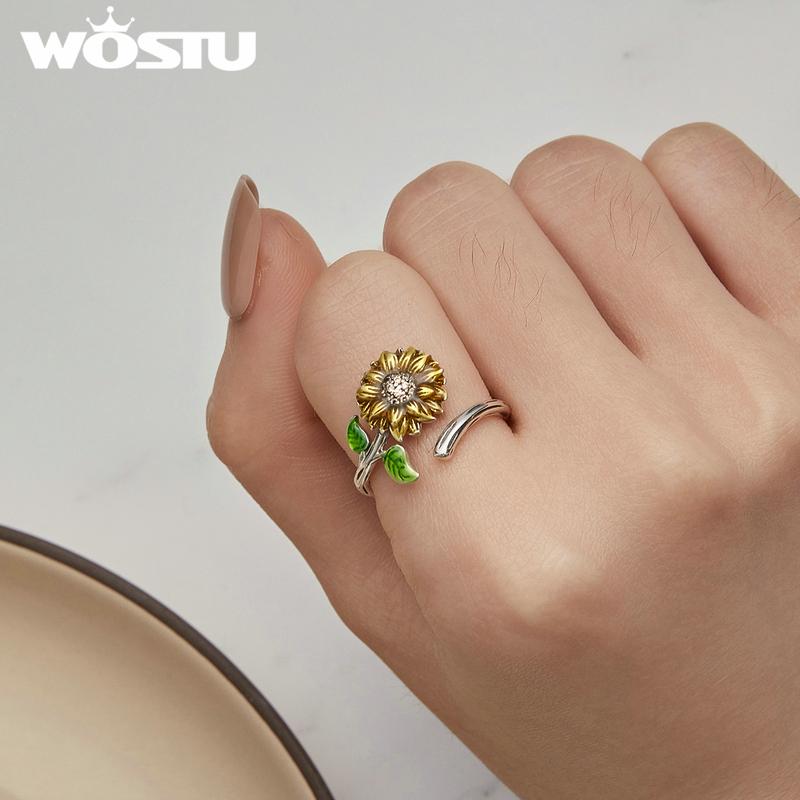 WOSTU Classical Sunflower Opening Rings For Women 925 Sterling Silver Oil Painting Flower Zircon Statement Ring Party Gift R934