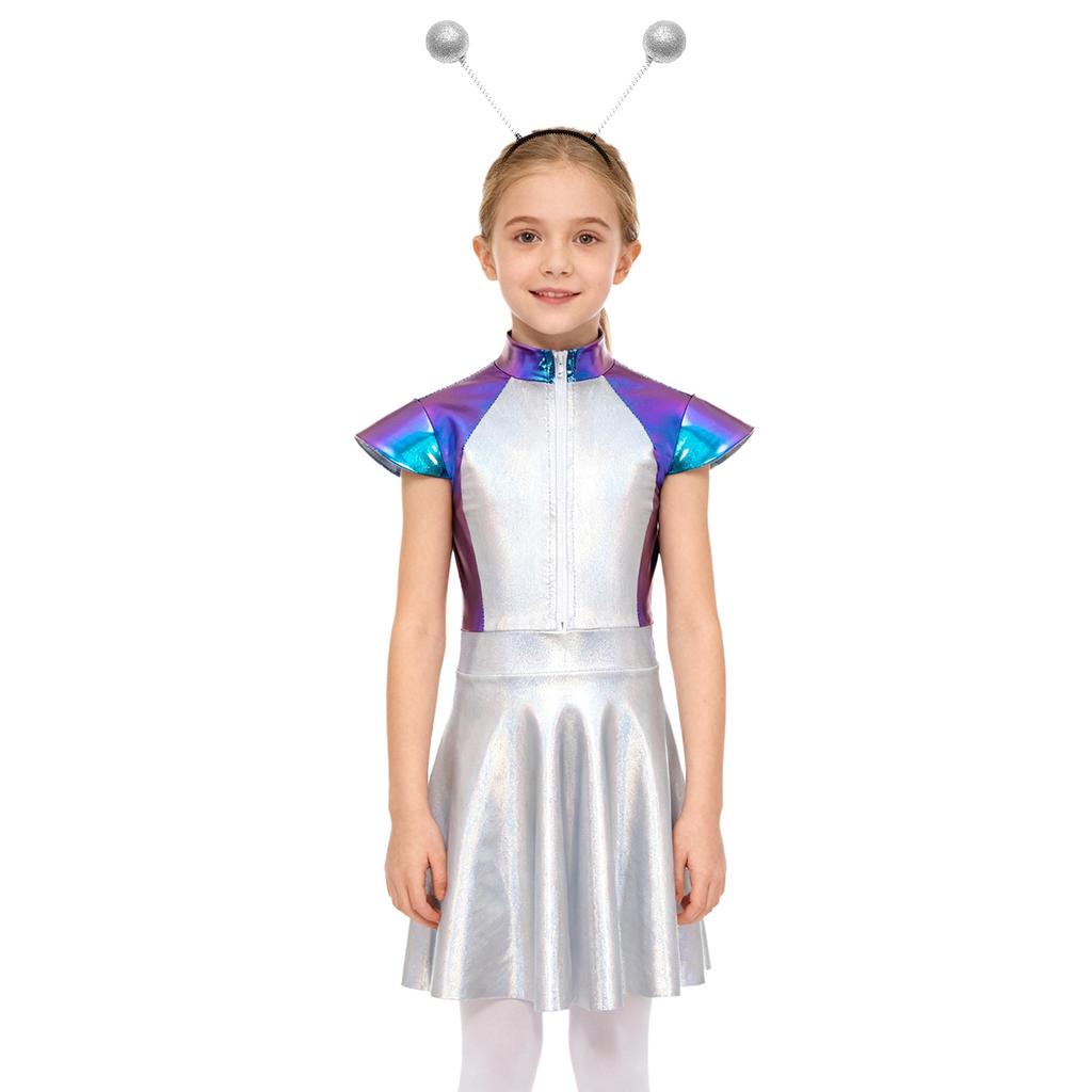 Girls Alien Costume Set Cap Sleeves High Waist Design A-Line Dress Outer Space Cutie Outfit Hair Hoop Included