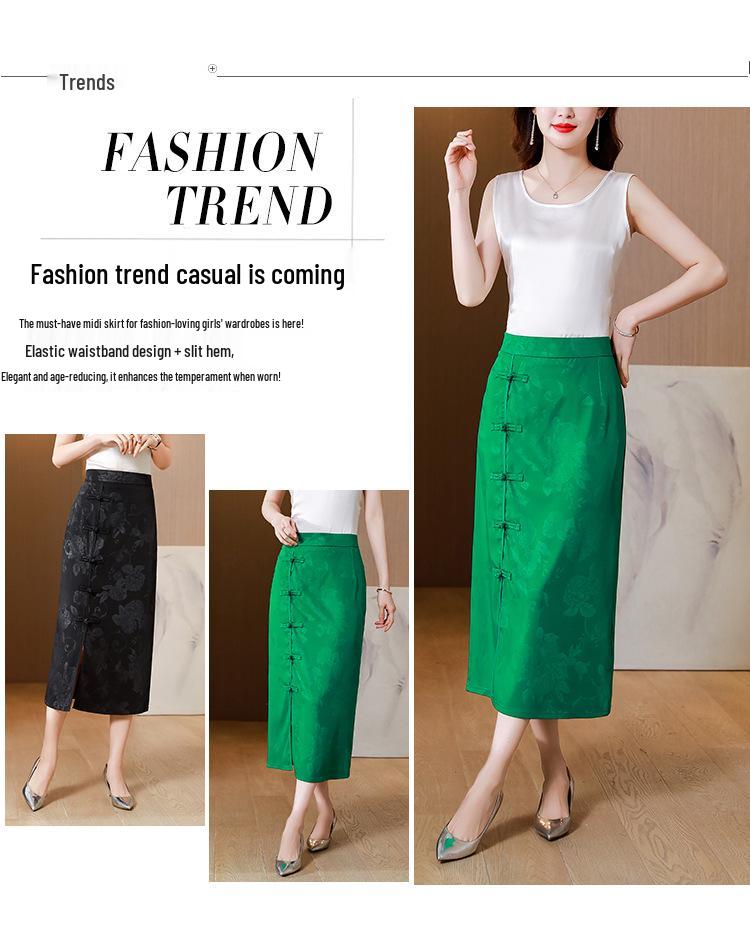 Women's Summer 2023 Retro Jacquard Frog Button Bodycon Midi Skirt with Slit