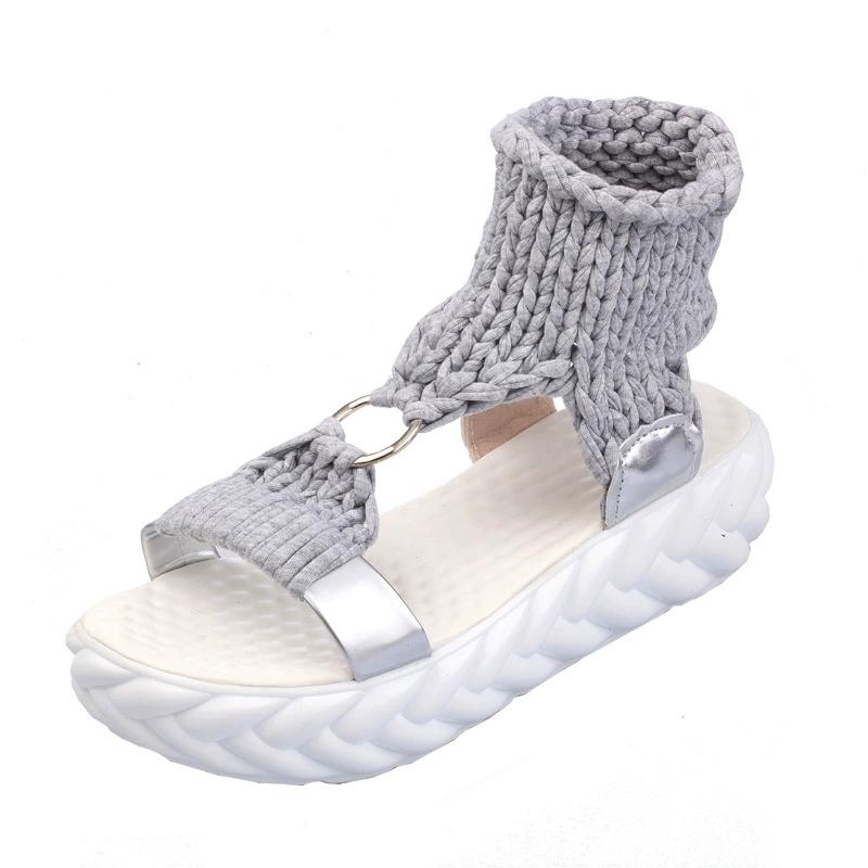 Сандалии из бисквитного торта с толстой подошвой и мягким открытым носком, удобные вязаные пуловеры из пряжи, римские туфли