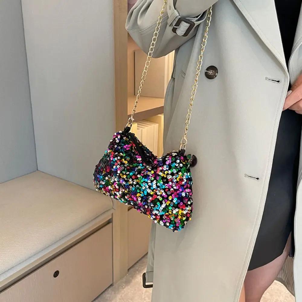 Solid Color Sequins Crossbody Bag Simple Chain Small Square Bag Handbag Underarm Bag Evening Clutch Bag
