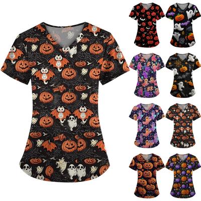 Плюс размерСкраб с принтом Рабочая форма Топы для женщин Крест V-образным вырезом Хэллоуин Принт с короткими рукавами Забавные футболки Спецодежда Футболка с карманами