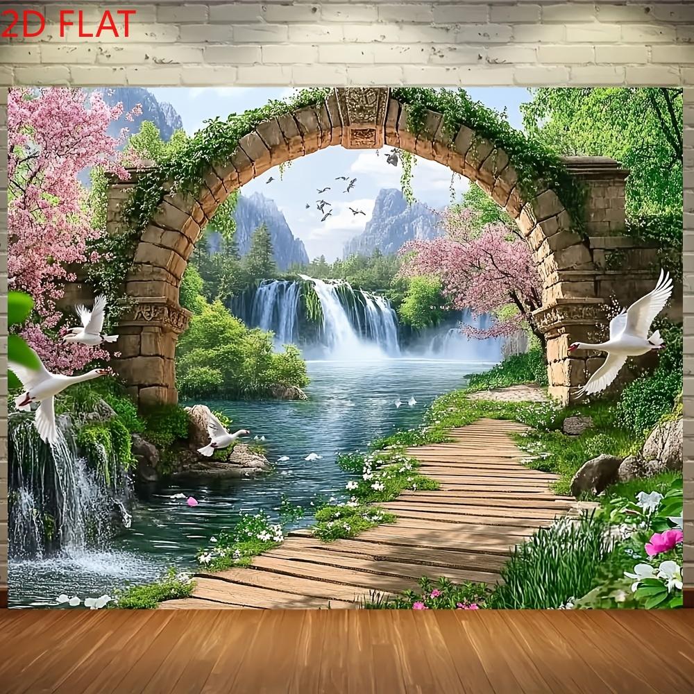 Enchanting Spring Archway Landscape Tapestry Wall Decor Cherry Blossom Waterfall Mural Romantic Cottagecore Style