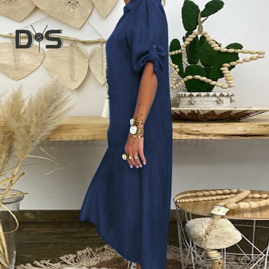 Fall Spring Lady Dress V Neck Loose Short Sleeves with Cufflink Split Hem Plus Size Dress Solid Color Buttons Pullover A-line Daily Wear Beach Maxi