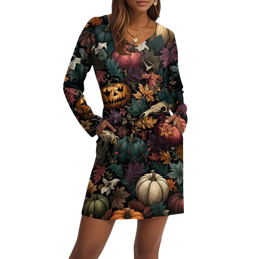 Women's Fashionable V-neck Long Sleeved Drawstring With Pocket Halloween Printed Casual Dress