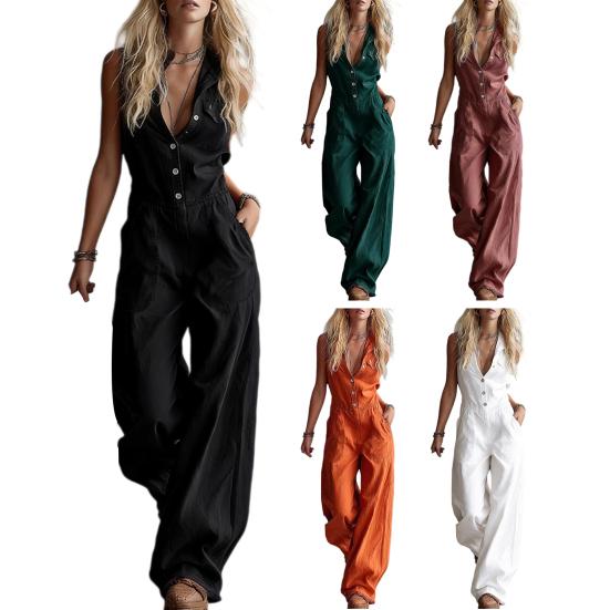 Summer Women Jumpsuit V Neck Sleeveless Front Button Casual Loose Wide Leg Pants Ladies Long Romper Overall with Dual