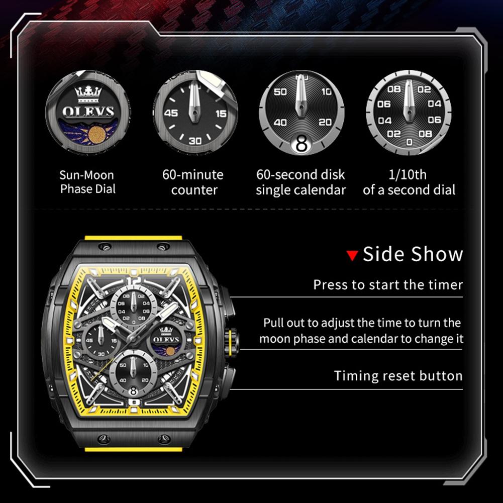 Men's Watches Hollowed Quartz Wristwatch Silicone Strap Tonneau Large Dial Design Waterproof Luminous Watch