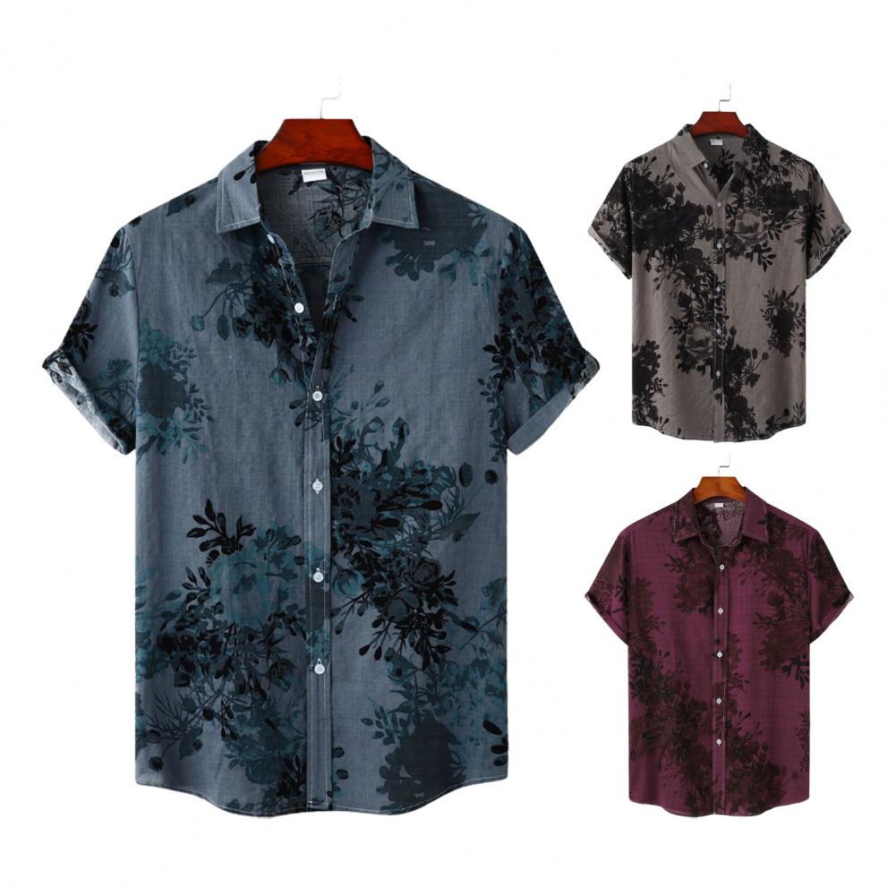 Summer Men Shirt Vintage Floral Print Turn-down Collar Single-breasted Short Sleeves Loose Cardigan Buttons Mid Length Top