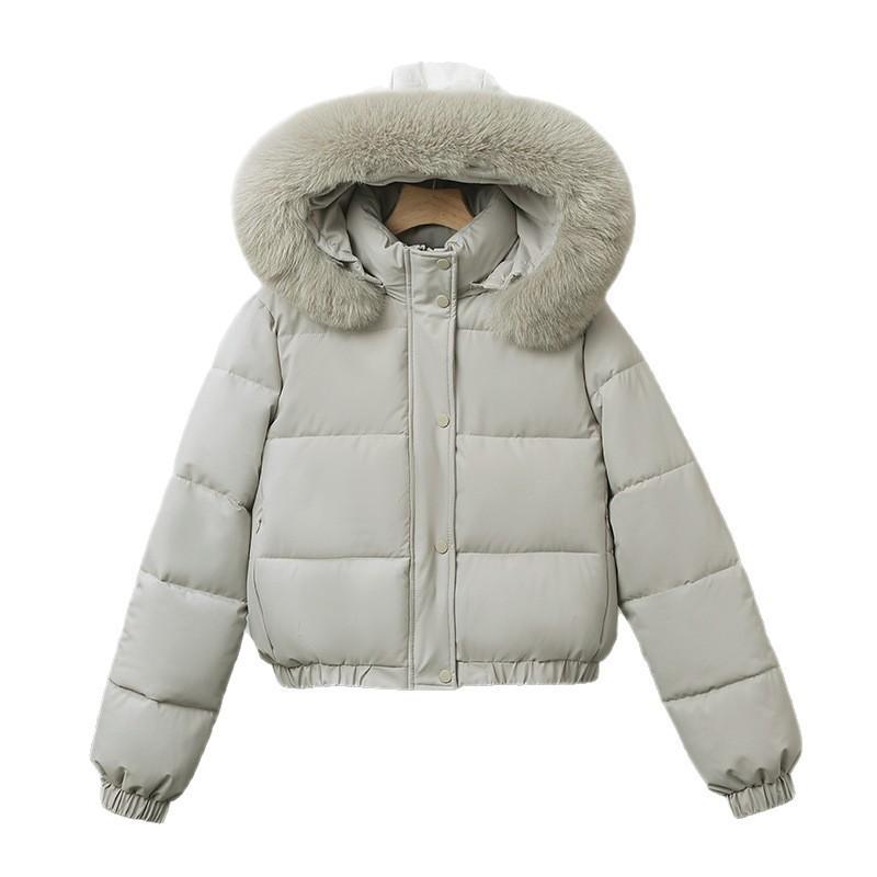Womens Short Puffer Jacket With Faux Fur Collar Hooded Thick Cotton-Padded Coat Winter Casual Wear