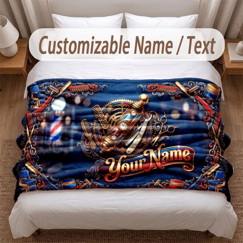Barber Salon Theme Soft Blanket Personalized Custom Name Text Print Warm Blanket Home Sofa Bedroom Decor