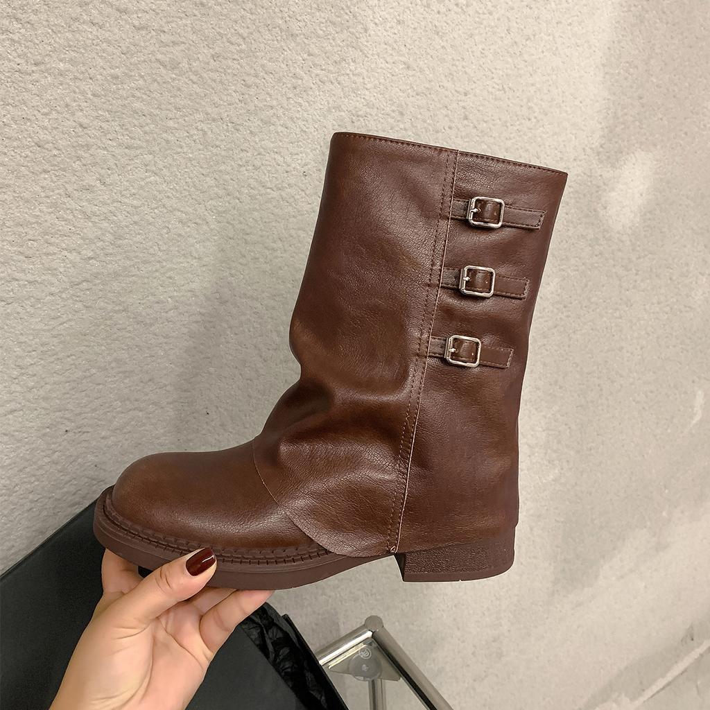 Cowhide Version Thick-soled Martin Boots Women's Retro Western Cowboy Boots Metal Buckle Thick Heel Medium Tube Pants Tube Boots Square Head