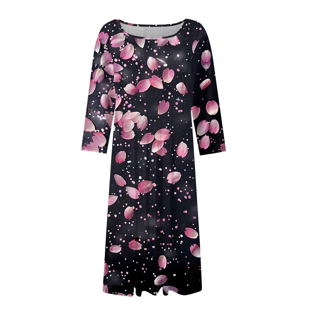 Women's Casual Fashion Round Neck Three Quarter Sleeve Print Midi Dress