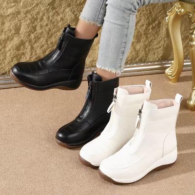 Новые женские двухцветные ботильоны на платформе 2025 года - Модные ботинки на молнии спереди, Универсальные зимние ботинки на подкладке из искусственного меха