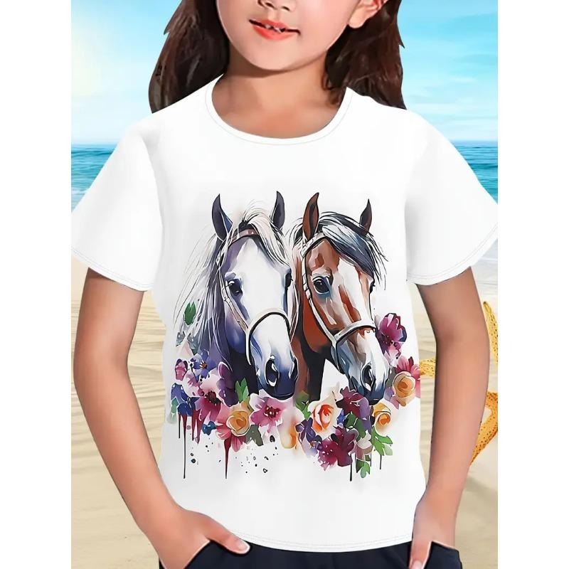 Новая мультяшная футболка детская футболка с коротким рукавом свободная повседневная с рисунком лошади топы для девочек