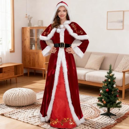 Mrs. Claus Costume Santa Dress with for Women Adult Christmas White Faux Fur Trim