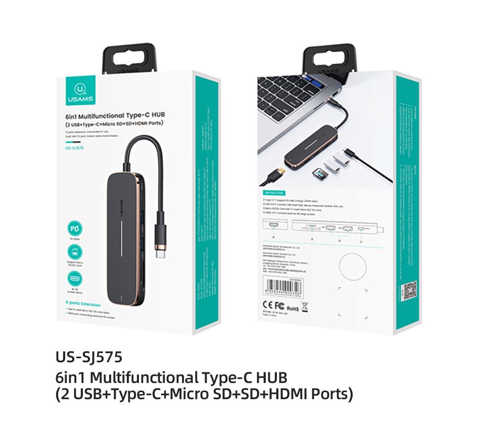 USAMS Концентратор 6 в 1 PD, 100 Вт, тип C, USB C-HDMI, совместимый 1,4, USB3.0, слот TF SD, концентратор, разветвитель док-станции, адаптер-концентратор 5 в 1 для ноутбука MacBook iPad