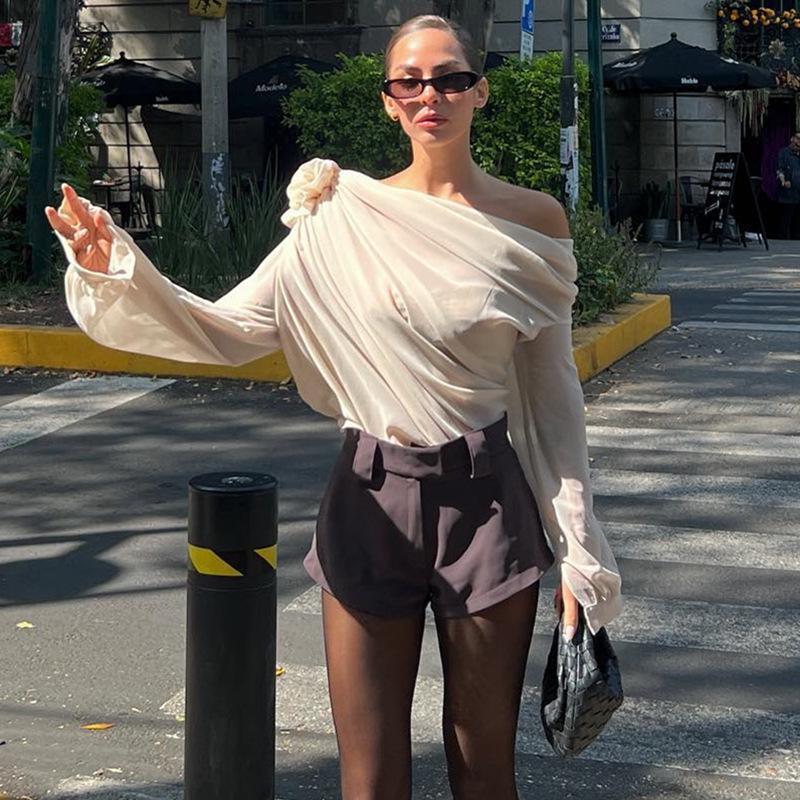 Trendy Chiffon Floral Mesh Off-Shoulder Long-Sleeve Top for Women