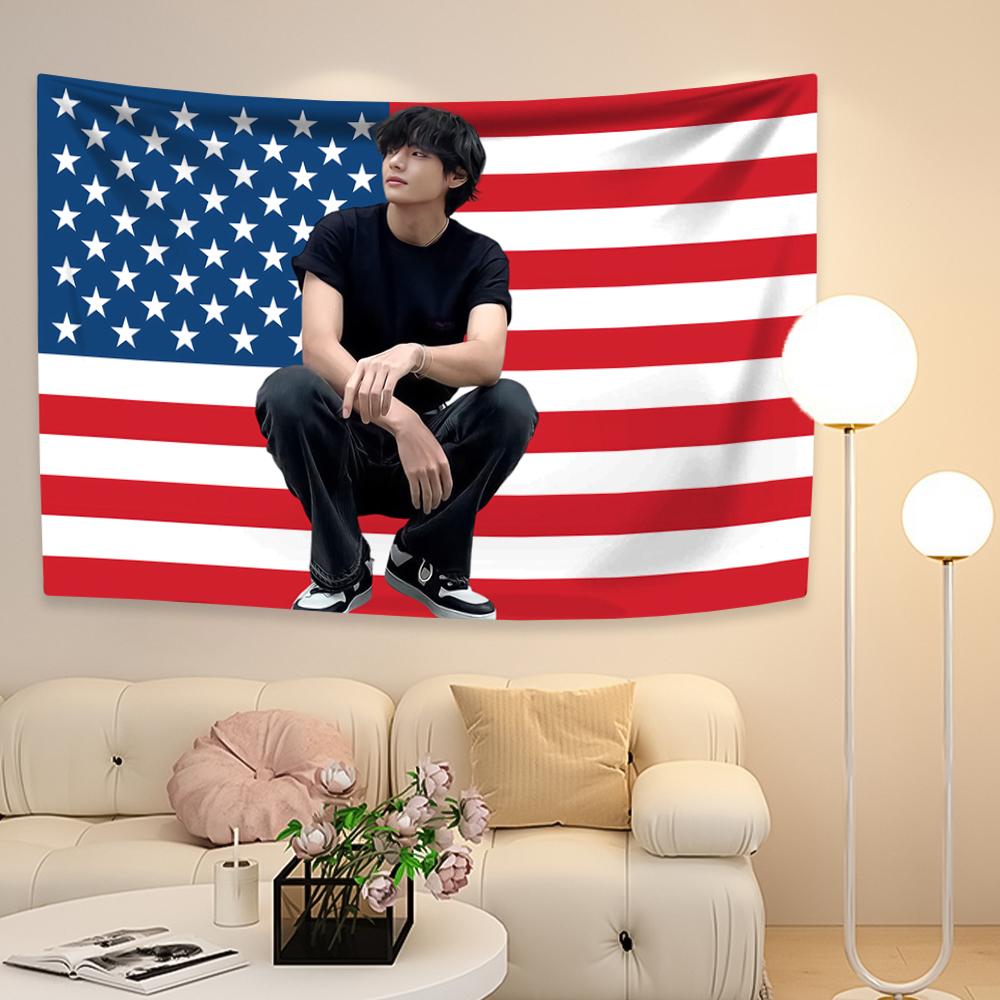 Taehyungs American Flag Tapestry Kpop Idol Home Decor Wall Hanging Bedroom Background Indoor Outdoor Decor Concert Banner