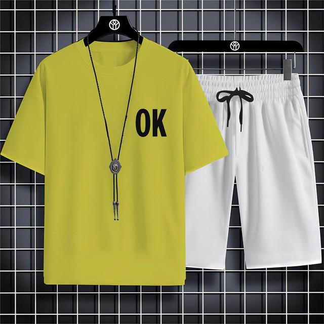 Four Seasons New Outdoor Sports Style 2d Letter Ok Printed Men'S O-Collar Comfortable Breathable Casual T-Shirt Set Quick Drying