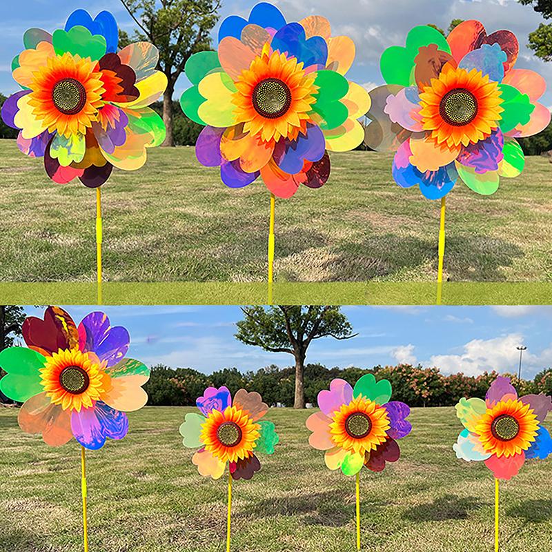 1 Set Outdoor Garden Decor Double Layered Sunflower Windmill Rotating Sunflower Wind Spinner Stake Standing Lawn Flower Pinwheel