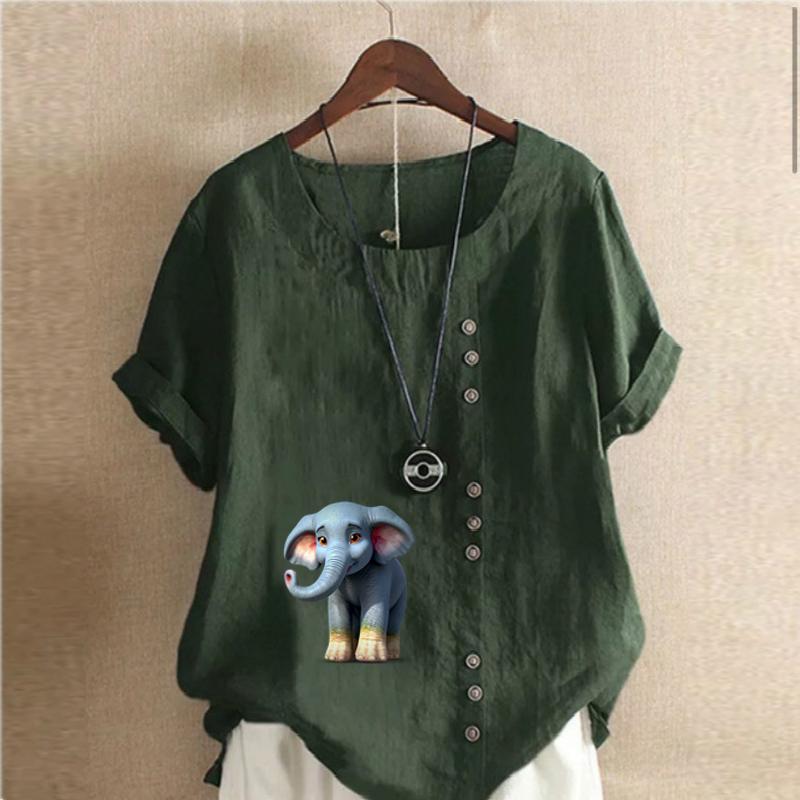 Women's New Fashion Linen Shirt Round Neck Short Sleeve Elephant Printed T-shirt Summer Ladies Casual Plus Size Blouse Tops