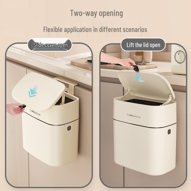 Kitchen Hanging Trash Can, Cream White Wall-Mounted with Lid, No-Marking Sticker, Household Cupboard Waste Basket.