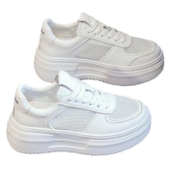 Универсальные повседневные дышащие белые туфли на толстой подошве для женщин 2024 года, новые сетчатые туфли на подошве из кожи с крошкой, обувь для знаменитостей в Интернете