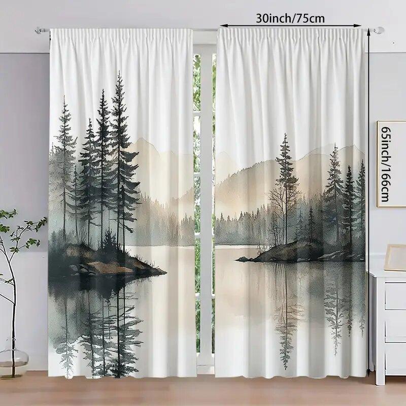 2 шт. - Шторы с принтом узора «Прибрежный пейзаж», шторы с кулиской, украшение для дома, украшение комнаты