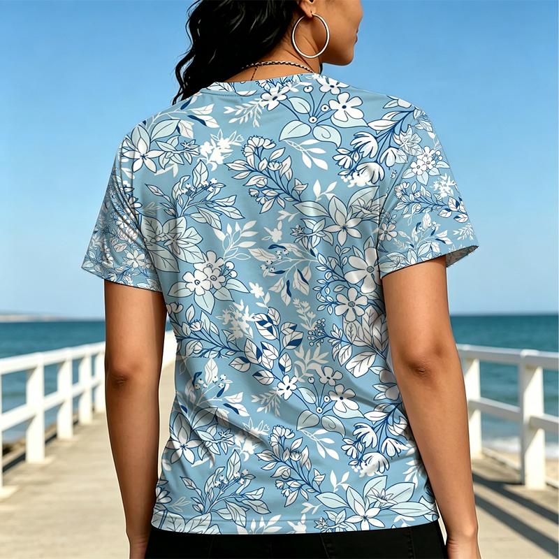 Women's Minimalist Street Style Short Sleeve T-Shirt, Floral Pattern, Soft Round Neck Tees for Casual Daily, Date Night Comfortable & Fashionable