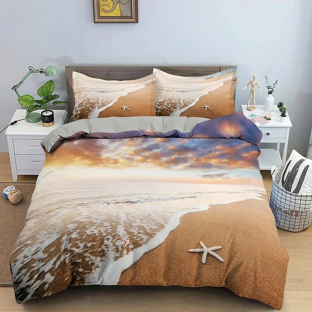 Luxury New 3D Print Beach Starfish Duvet Cover Set Queen Blue Cute Ocean Creatures Bedding Set Sea Shells Starfish Cover