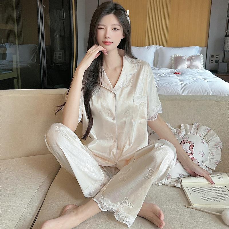 Ice Silk Pajamas Female Cute Wind Bear Summer High-End Cartoon Short-Sleeved Trousers Loungewear