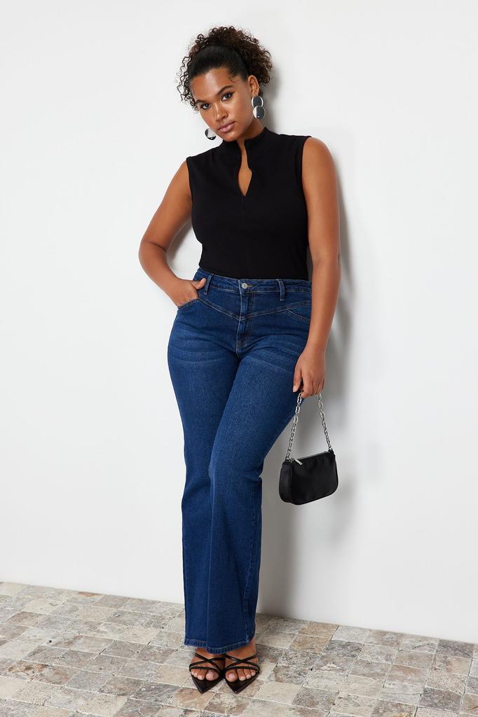 Женский стиль, большие размеры, голубые джинсы-клеш из денима со строчкой