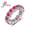 Trendy Round Full Red Blue CZ Stone Paved Ring 925 Sterling Silver Jewelry for Girls Birthday Gift Charm Finger Ring